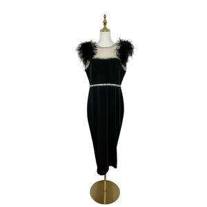 Mac Duggal 11438 Feather Cap Sleeve Pearl Embellished Midi Dress Size 12